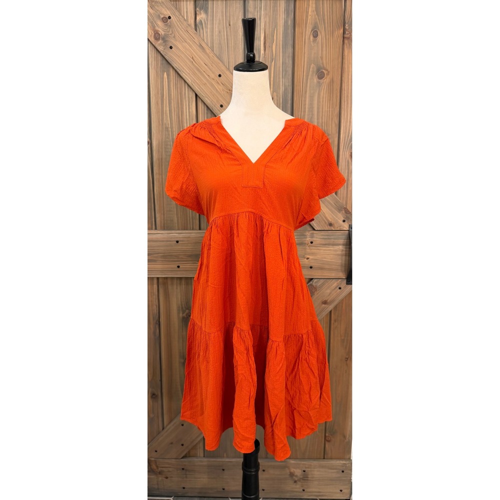 Calvin Klein Orange Textured Tiered V-Neck Midi Dress Womens 10 Short Sleeve - Picture 1 of 5